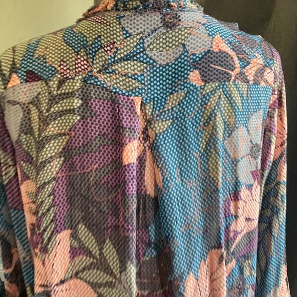 Floral silky Blouse kimono jacket pleat open front button vneck pink blue cardi - Picture 13 of 14